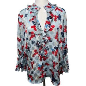 Zara Denim Blue with Red Floral Design Bell Sleeves Sz Medium